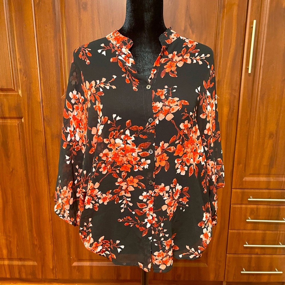 Sheer mid-sleeve blouse japanese maple pattern
